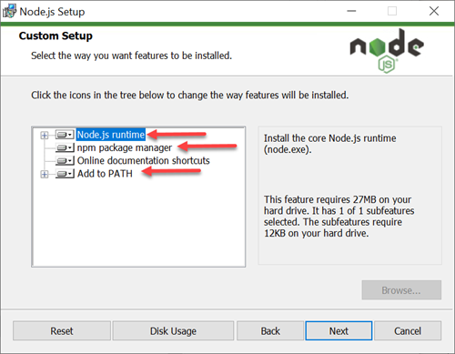 Install Node.js select the way you want features to be installed